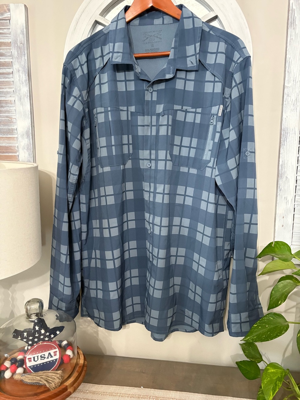 Grunt Style Mens Button Up Long Sleeve Blue Plaid Polyester Vented Fishing XL